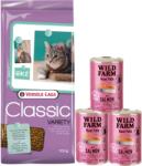 Versele-Laga Versele-Laga Classic Cat Variety 10 kg + WILD FARM Pate with Salmon 3x400 g - gluténmentes macskaeledel