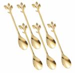 Pufo 6 darabos Pufo Leaf teáskanál készlet kávéhoz, teához, desszerthez, rozsdamentes acél, levél alakú nyéllel, arany, 13 cm (Pufo2357C)
