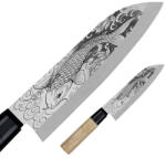 Satake Megumi Santoku Japán rozsdamentes konyhakés 56 HRC, 17 cm, gumifa markolat, Koi ponty lézergravír mintázat (801-614-gravirozott-koi-ponty)