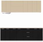 KringX Touch konyhabútor, 260x190x60 cm, MDF, fényes gyöngyház cappuccino színű, fényes fekete