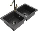 Mexen Mario gránitmosogató 2-medencés konyhai csapteleppel Flora, fekete pöttyös - 6504-76-670401-75-B (6504-76-670401-75-B)