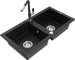 Mexen Mario 2 rekeszes gránit mosogató Flora konyhai csapteleppel, fekete - 6504-77-670401-07 (6504-77-670401-07)