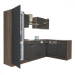 Leziter Yorki 280 Sarok Konyhablokk - Yorki Tölgy Korpusz, Selyemfényű Antracit Front, Alulagyasztós Hűtős Szekrénnyel