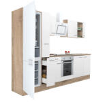 Leziter Yorki 300 Konyhablokk - Sonoma Tölgy Korpusz, Selyemfényű Fehér Front, Alsó Sütős Elemmel, Alulfagyasztós Hűtős Szekrénnyel