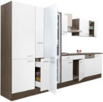 Leziter Yorki 370 Konyhablokk - Yorki Tölgy Korpusz, Selyemfényű Fehér Front, Polcos Szekrénnyel és Alulfagyasztós Hűtős Szekrénnyel