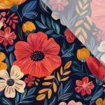 Takoy Enyhén elasztikus műselyem / silky anyag színes virágok sötétkék alapon