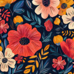 Takoy Közepes félmatt szatén, elasztikus színes virágok sötétkék alapon MAXI minta