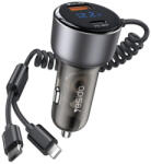 YESIDO Autós Töltő (Y58) - USB, Type-C, kábel Lightning, Type-C, Gyorstöltés, 60W, 120cm - Szürke