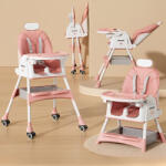 Flippy etetőszék babáknak és gyerekeknek, kerekekkel, fejtámlával, teleszkópos, összecsukható, állítható asztallal, lábtartóval, bőr huzatú székkel, biztonsági övvel, tárolóhellyel