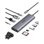 UGREEN Dokkoló állomás 10 az 1-ben, 4K@30Hz, USB HUB, Ethernet, HDMI 1.4, VGA, 100W, SD/TF, 3, 5mm Jack, szürke (15601)