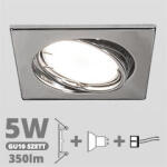  LED szpot szett: króm bill. keret, négyzet + 5 Wattos, term. fehér GU10 LED lámpa + GU10 csatlakozó (kettesével rendelhető) (5078 + TR-GU10 + 1902)