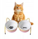  Kerámia Rózsaszín Macskaeledel Tál Szett, Fém Állványon (Z0018)