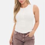 I Saw It First Фланелка с дълъг ръкав I Saw It First Ribbed Button Front Long Sleeved Top - Cream