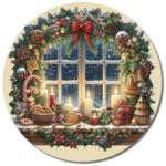  Nyomtatott fa tábla koszorú közép - Karácsonyi ablak gyertyás 11, 8cm - papelito