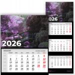 Plaka_TY Háromrészes Naptár 2026 Irodai Év Falra szerelhető Természet Rózsaszín Erdő Minták (Kalendarz Ścienny 26 Różowy Las Wzory)