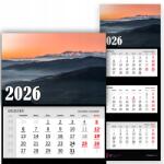  Háromrészes Irodai Falinaptár 2026 Hegyi Naplemente Különböző Minták (Kalendarz na Ścianę 2026 GÓRSKI ZACHÓD SŁOŃCA)
