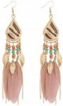  Fülbevaló hosszú lógós tollas boho orientális rózsaszín női tollakkal (B61)