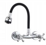  Konyhai Csaptelep, fali, fekete, FLEX kifolyócső, ezüst (S20553A)