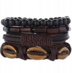  Férfi bőr karkötő kagylókkal, 4 darabos Punk fekete retro szett (Bransoletka skórzana męska pleciona czarna)