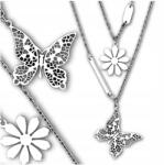 EdiBazzar Dupla soros ezüst színű nyaklánc virággal és pillangóval, sebészeti acélból, női (stal chirurgiczna damski podwójny z kwiatem)
