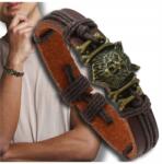  Férfi bőr karkötő, állítható zsinórral, farkas motívummal, barna műbőrből (Męska bransoletka skórzana brązowa z wilkiem)