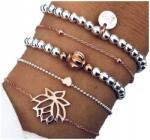  Ezüst színű karkötő szett 5 darabos, arany színű levél és szív díszekkel (X55)