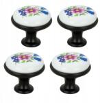 B&B 4 db fekete, kerek bútorfogantyú kerámiával és retro virágmintával (Z4 G108 CZ)