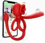 STD Inel de Penis Tongue Licking with Sleeve&Anal Stim, Control Bluetooth, Aplicatie Mobila, Silicon, USB, Rosu Inel pentru penis