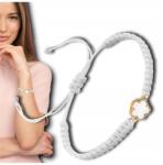  Fehér női karkötő ajándékba, kézzel fonott, szíjas, zsinóros, lóhere (bransoletka damska delikatna urodziny)