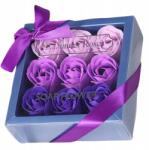  Mű rózsa szappanvirágok flower box 9 db-os dekorációs ajándék lila (Bukiet róż mydlanych 9 szt fioletowe kwiatki)