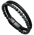 Férfi karkötő bőrszíjjal, természetes bőrrel, zöld kő gyöngyökkel (5905884063224)