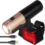 Vayox VA0072, VA0152 első és hátsó kerékpárlámpa készlet, alumínium, XLM1 7W és 8x 351B forrás, újratölthető akkumulátor 2600 mAh, akkumulátorjelző, USB-C töltés, vízálló, 450 lumen, fekete/arany (LAMP_ROW_