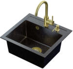 Steiner ART JOHNNY fekete arany opálos gránit mosogató Copper Black Pearl szifonnal, Naomi arany színű csap, arany színű adagoló