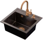 Steiner ART JOHNNY fekete opálos gránit mosogató Copper Black Pearl szifonnal, Naomi csap, réz adagoló
