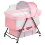  Macvi® összecsukható babaágy, 3 billenőfokozat, rovarháló, tárolókosár, zárórendszer, hintafunkció, világos rózsaszínű