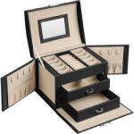 SONGMICS Ékszertartó doboz 2 fiókkal és tükörrel, fekete 17x13x12cm (JBC154B01)