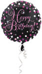 Amscan Fólai lufi, 18"/45cm, gömb, fekete-pink, hologramos, Happy Birthday