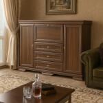 Vamy Comoda living VM6P, o usa rabatabila pentru bar, 2 usi fixe, 3 sertare, Pal melaminat, cu insertii MDF, Nuc (00004140) Comoda