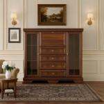 Vamy Comoda living cu vitrina VM7, o usa rabatabila pentru bar, 2 usi fixe, 3 sertare, Pal melaminat, cu insertii MDF, Nuc (00003943) Comoda