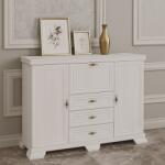 Vamy Comoda living VM6P, o usa rabatabila pentru bar, 2 usi fixe, 3 sertare, Pal melaminat, cu insertii MDF, Alb Antichizat (00004141) Comoda