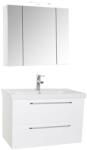BD Set mobilier baie suspendat, cu lavoar ceramic, GN0541, front MDF, 80 cm, 2 sertare, glisiere soft close si dulap cu oglinda Celine, PAL, iluminare led, alb (S3493,3460)