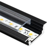 ANRO LED Profile ALP-001 Fekete - Alumínium U profil LED szalaghoz, süllyeszthető (Átlátszó búrával) (LP301B - LP-UNICOV1-TRA)