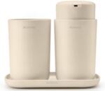 Brabantia ReNew 3db-os fürdőszobai pipere csomag - pumpás folyékonyszappan adagoló, fogkefetartó, pipere tálca, műanyag, világos bézs - 223402 (223402)