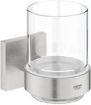 Grohe QuickFix Start Cube - Fogkefe- és fogkrémtartó tégely, tartóval, üveg/szuperacél 41097DC0 (41097DC0)