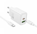 hoco. N63 hálózati töltőadapter, töltőfej 30W, 3A, 1 x USB-A, 1 x USB-C + USB-C adatkábel, töltőkábel, fehér