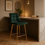  Zöld Bársony Bárszék Aranyszínű Lábbal. ARIEL (ME-ME-ARIEL-Z-ZL-V-H)