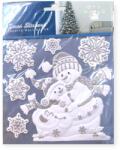  Dekoratív karácsonyi matrica hóember és fehér hópelyhek ezüst csillámmal 18x23cm (1207937)