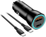  Autós töltő, Szivargyújtós töltő, 30W, USB aljzat, USB Type-C aljzat, USB Type-C - USB Type-C kábellel, gyorstöltés, QC 3.0, PD, AFC, PPS, Blue Star, fekete - mobilkozpont