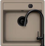 SCHOCK Schock Mono N-100S konyhai mosogatótálca 490 x 510 mm Cristadur Twilight, taupe szürke és szűrőkosár, távműködtető gomb, túlfolyó takaró és Schock Talia konyhai csaptelep kihúzható fejjel fekete (SETM