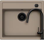 SCHOCK Schock Mono N-100 konyhai mosogatótálca 570 x 510 mm Cristadur Twilight, taupe szürke és szűrőkosár, távműködtető gomb, túlfolyó takaró és Schock Talia konyhai csaptelep kihúzható fejjel fekete (SETMN